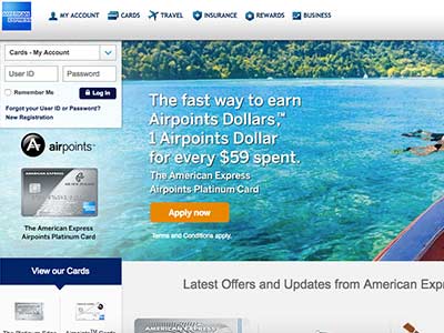 screenshot of American Express NZ homepage screenshot of American Express NZ homepage